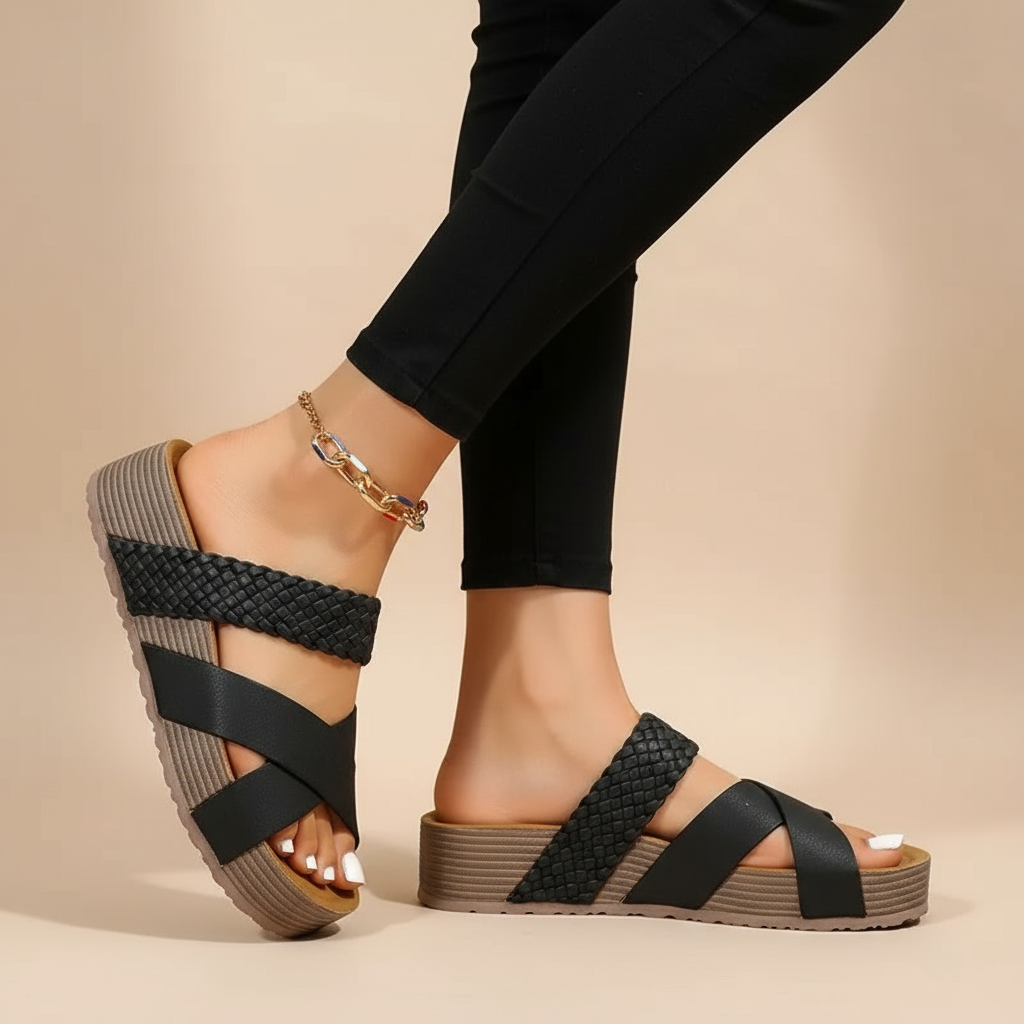 Orthopedic sandals, black woven upper with two wide straps, cushioned platform wedge