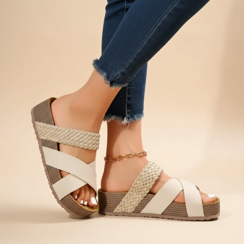 Orthopedic sandals, woven beige uppers, white crisscross straps, cushioned platform wedge