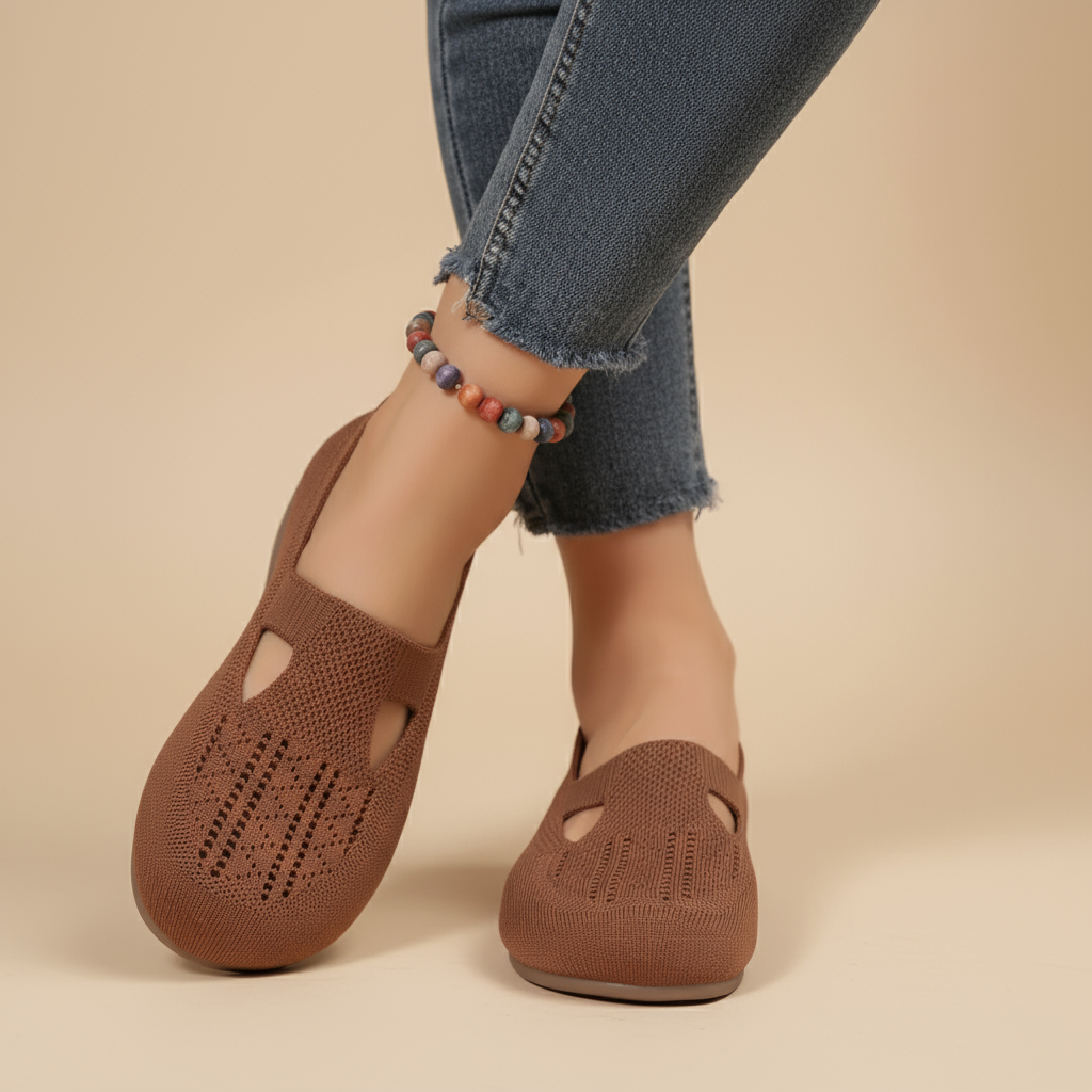 Brown knit ergonomic sandals with side cutouts and slip-on design