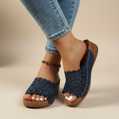 Delilah ergonomic sandals, navy blue crochet slip-on with open toe and tan sole