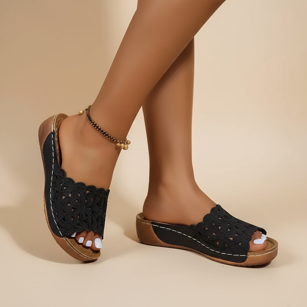 Delilah ergonomic sandals, black crochet open-toe slip-on with tan sole and stitching