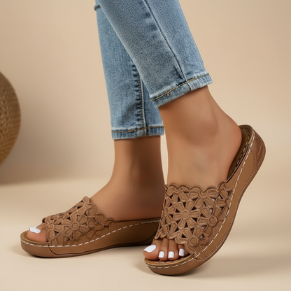 Delilah ergonomic sandals, brown crochet open-toe slip-on with tan sole