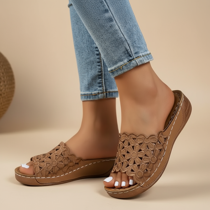 Delilah ergonomic sandals, brown crochet open-toe slip-on with tan sole
