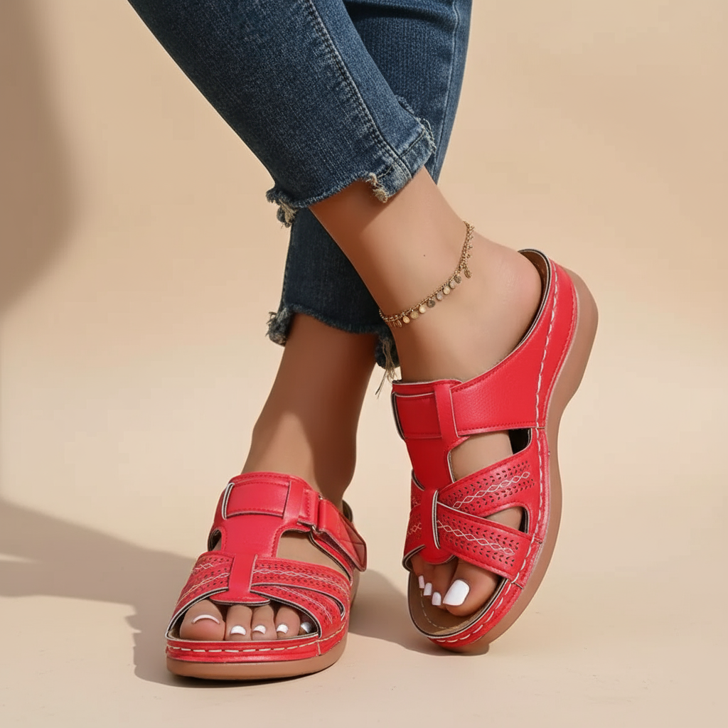 Vivian red ergonomic sandals with ankle strap and perforated slide panels, cushioned sole