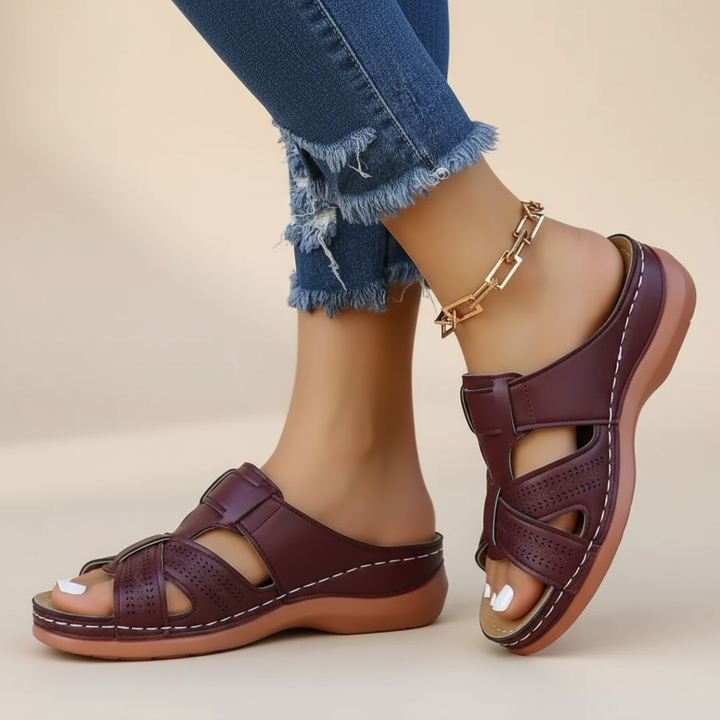 Vivian dark brown ergonomic sandals with buckle ankle strap and perforated toe panels