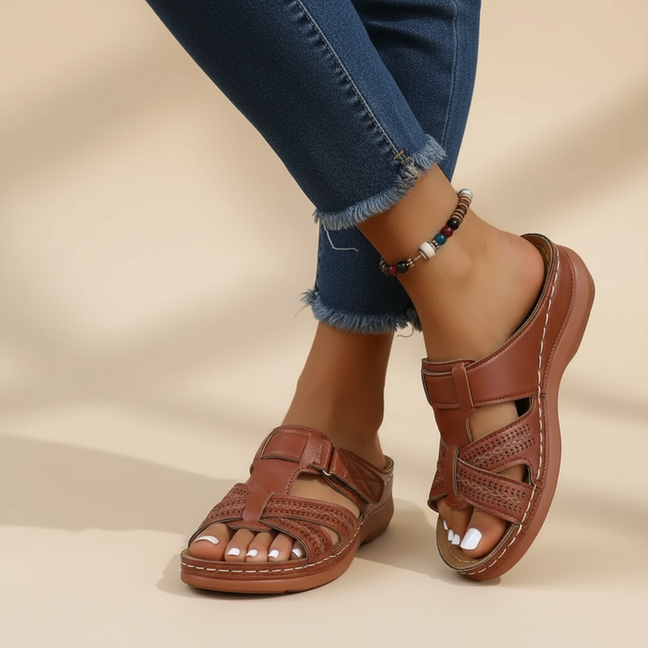 Vivian brown ergonomic sandals with adjustable buckles and perforated toe panels