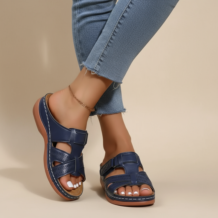 Vivian navy ergonomic sandals with two buckles and perforated toe panels, cushioned sole