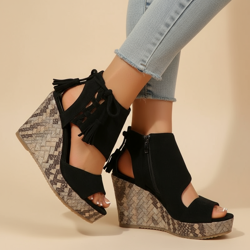 Black suede wedge sandals with tassel ties, peep toe, and patterned platform sole.