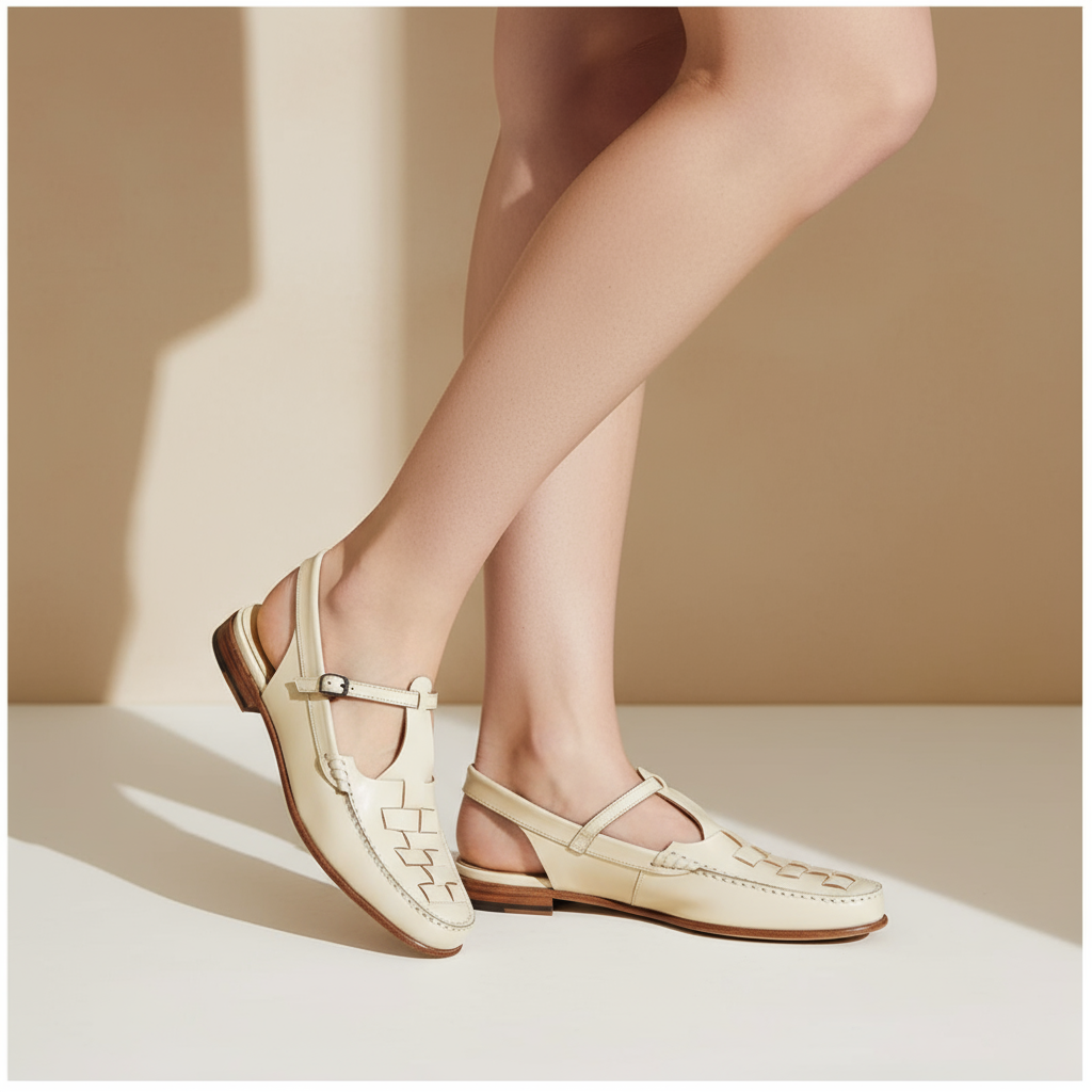 Ivory woven charm sandals with T-strap and buckle, side view, low block heel
