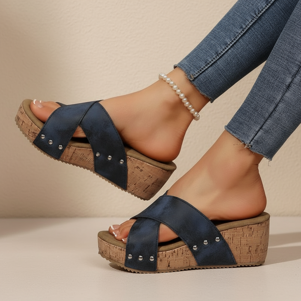 Navy wedge sandals with crisscross straps and silver studs, cork-style platform sole