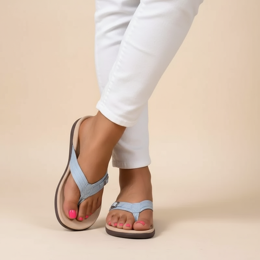 Blue orthopedic sandals with toe thong, ankle strap, and cushioned footbed.