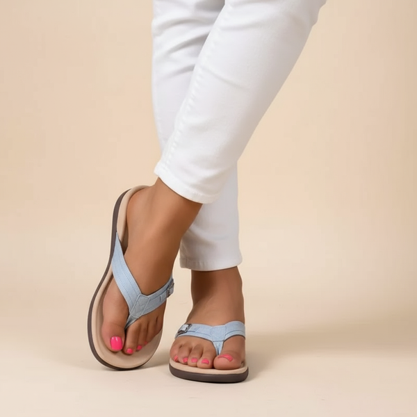 Blue orthopedic sandals with toe thong, ankle strap, and cushioned footbed.