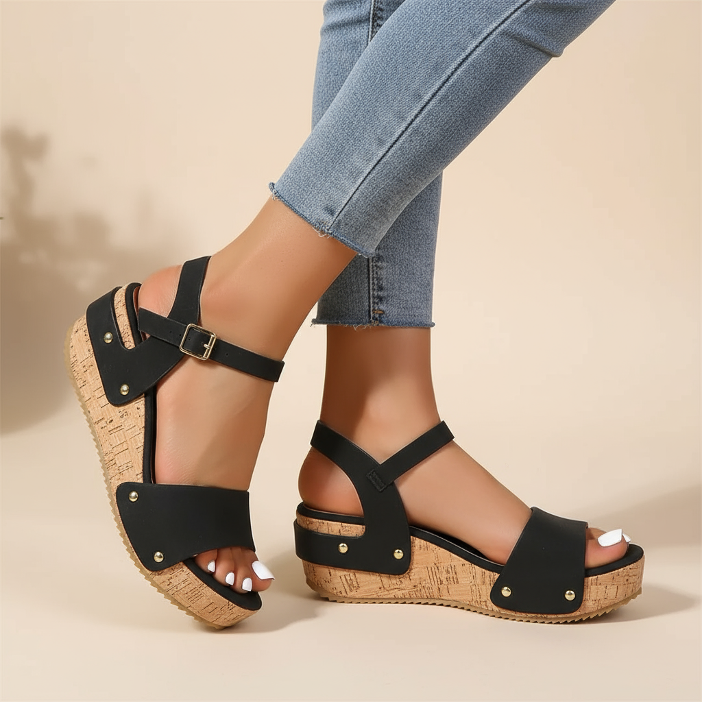 Black wedge sandals with two straps and gold-toned studs, cork-textured sole