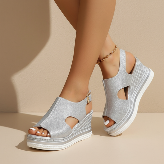 Silver glitter wedge sandals with peep-toe cutouts and ankle strap