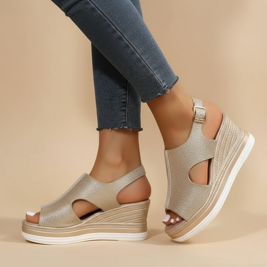 Silver glitter wedge sandals with ankle buckle strap and peep-toe cutouts
