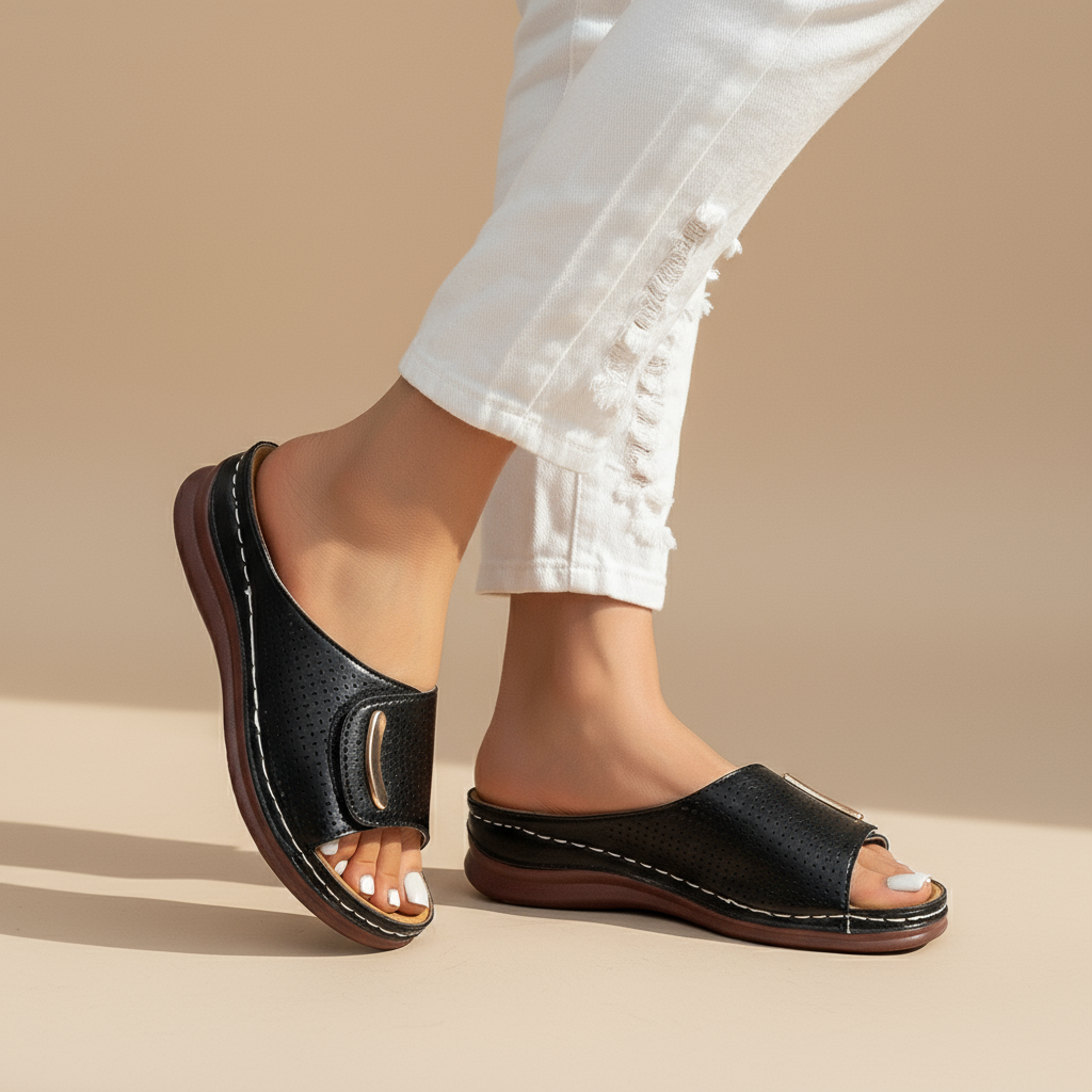 Perforated slide sandals in black with wide toe strap and cushioned sole