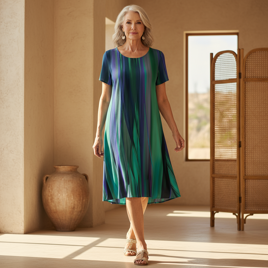 Boho gradient casual dress with short sleeves and flowing A-line skirt, multicolor