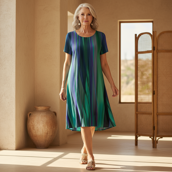 Boho gradient casual dress with short sleeves and flowing A-line skirt, multicolor