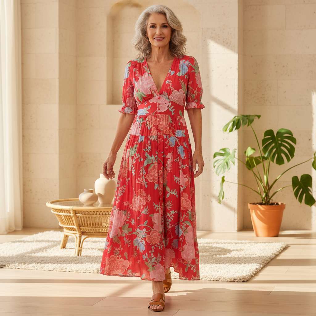 Floral maxi dress in red with large pink and blue flower print, V-neck and gathered tiers