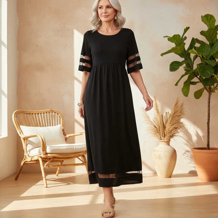 Black maxi dress with scoop neck, tiered skirt, and striped 3/4  sleeves