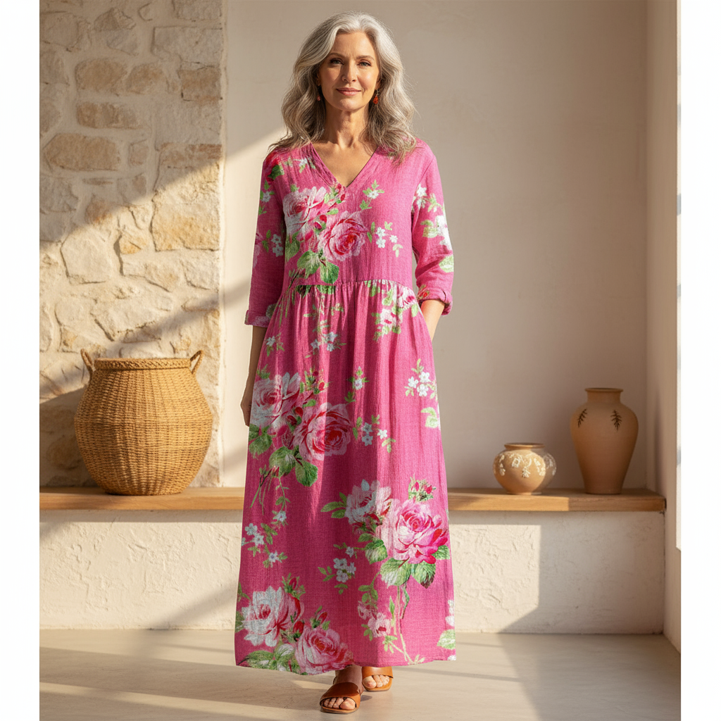 Magenta floral maxi dress, V-neckline, elbow sleeves, and gathered skirt
