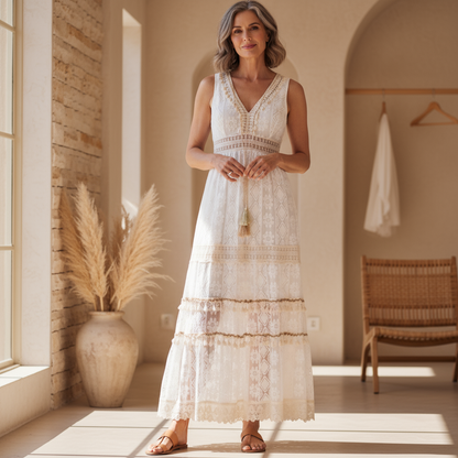 White boho sleeveless dress with V-neck and lace tiered skirt