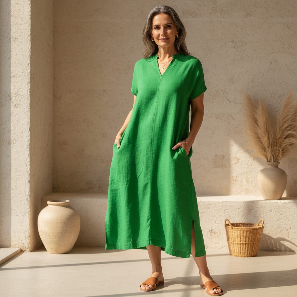 Green midi dress with V-neck, short sleeves, relaxed fit and side slit