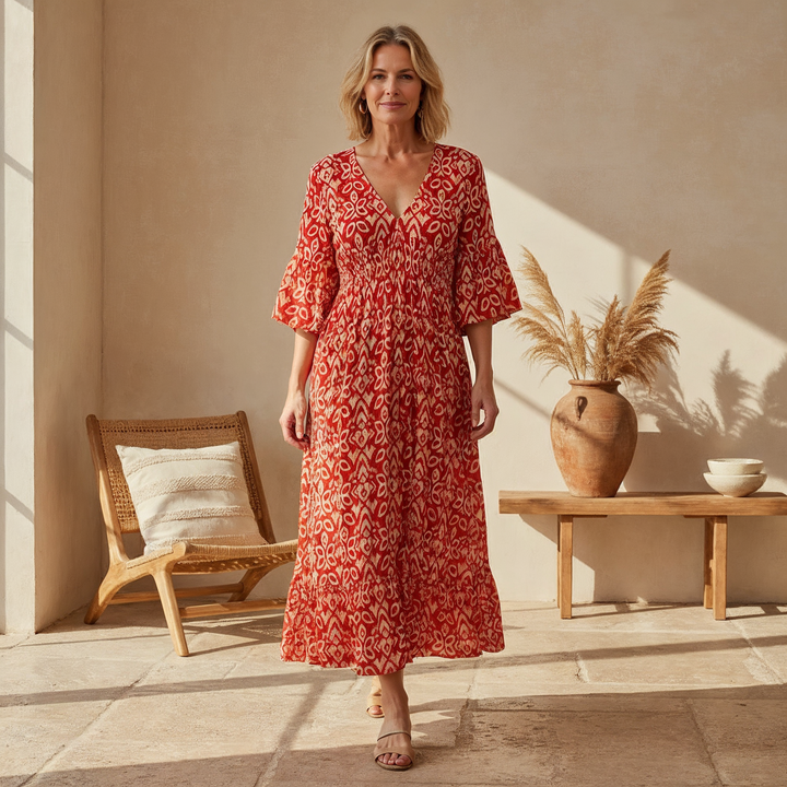 Red boho printed dress with V-neck and half sleeves, relaxed fit with pleated skirt