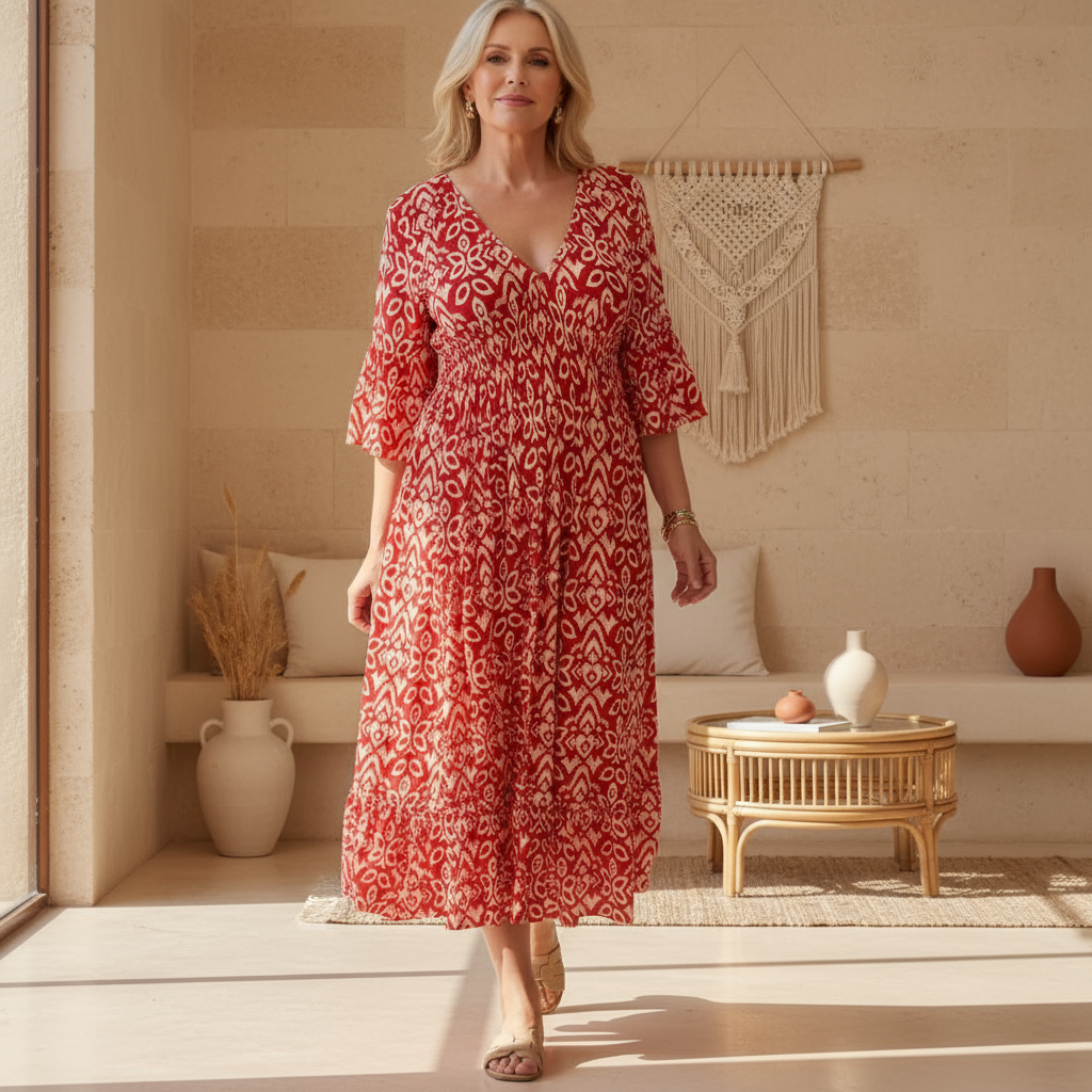 Red boho printed dress with V-neckline and flared three-quarter sleeves, midi length