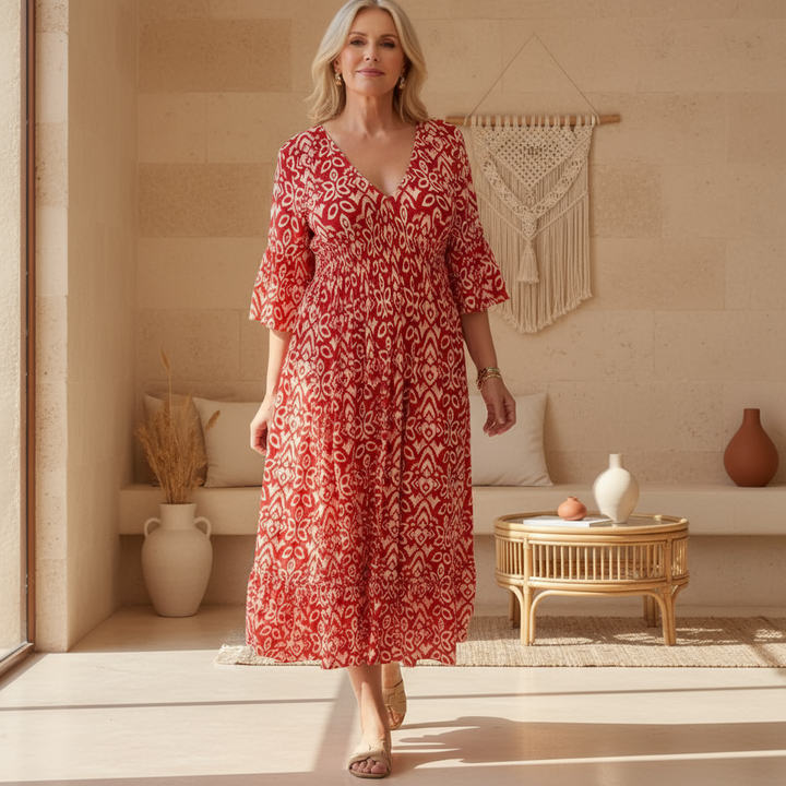 Red boho printed dress with V-neckline and flared three-quarter sleeves, midi length