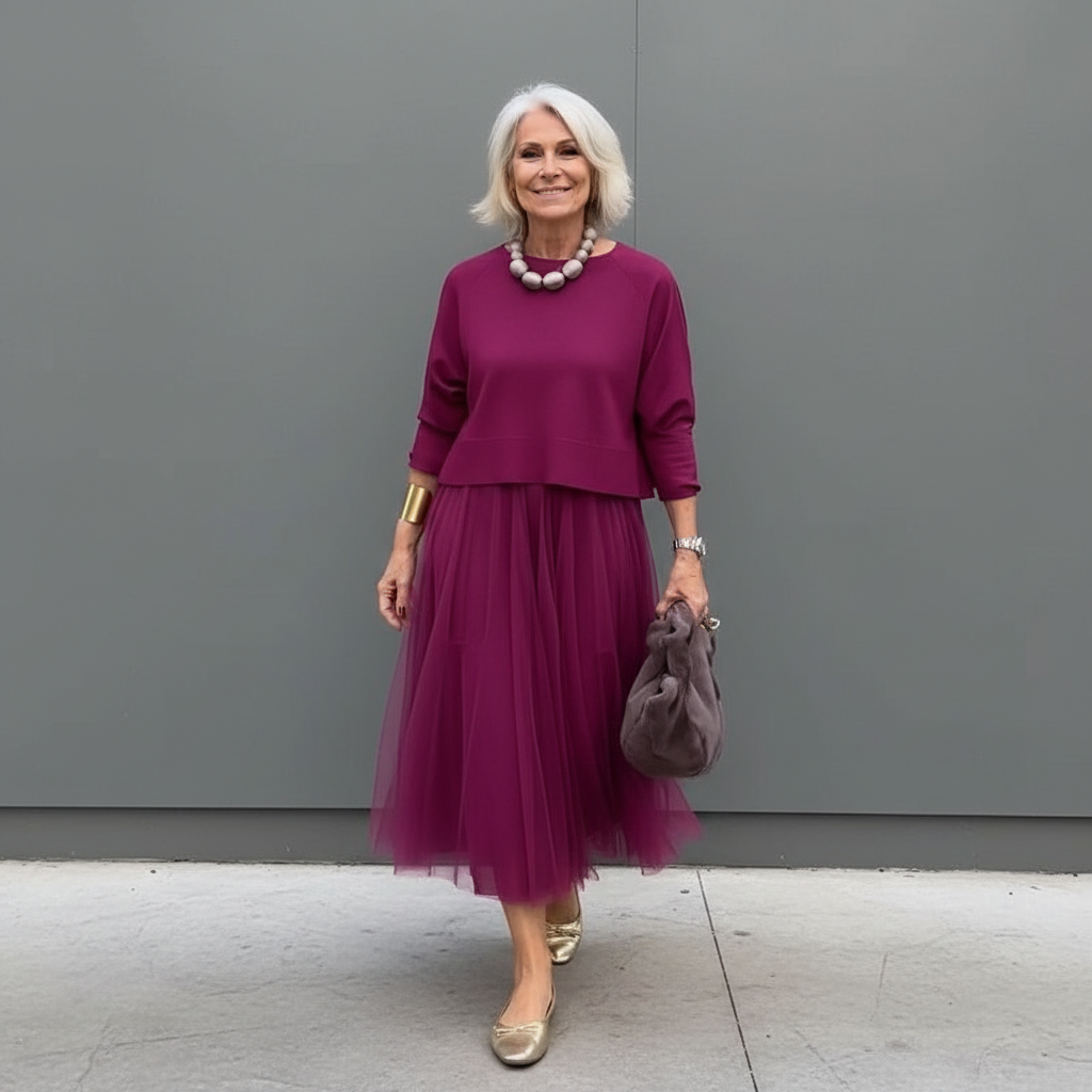 Fuchsia knit layered dress set with elbow sleeves and tulle midi skirt