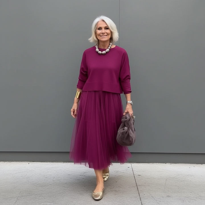 Fuchsia knit layered dress set with elbow sleeves and tulle midi skirt