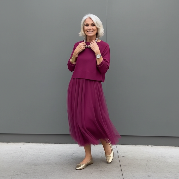 Fuchsia knit layered dress set with round neckline and tulle midi skirt