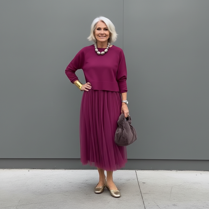 Fuchsia knit layered dress set with long sleeves and tulle midi skirt
