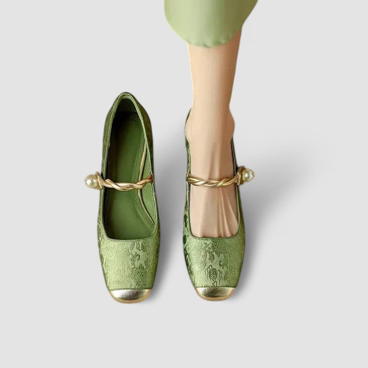 Green orthopedic Mary Jane shoes with laced strap and gold-toned capped toe