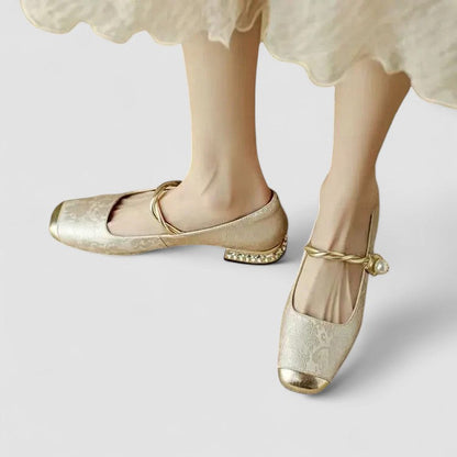 Gold Mary Jane orthopedic shoes with ankle strap and low jeweled heel