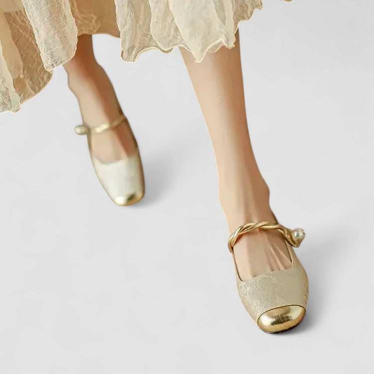 Gold Mary Jane orthopedic shoes, round toe with ankle strap detail