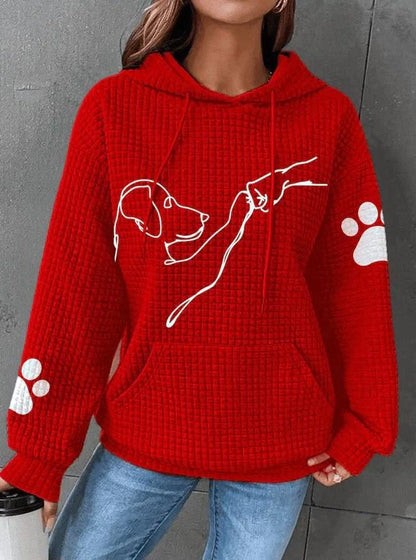 LAYLA™ Furry Friend Hoodie in red with hood, drawstrings, front graphic, paw-print sleeves