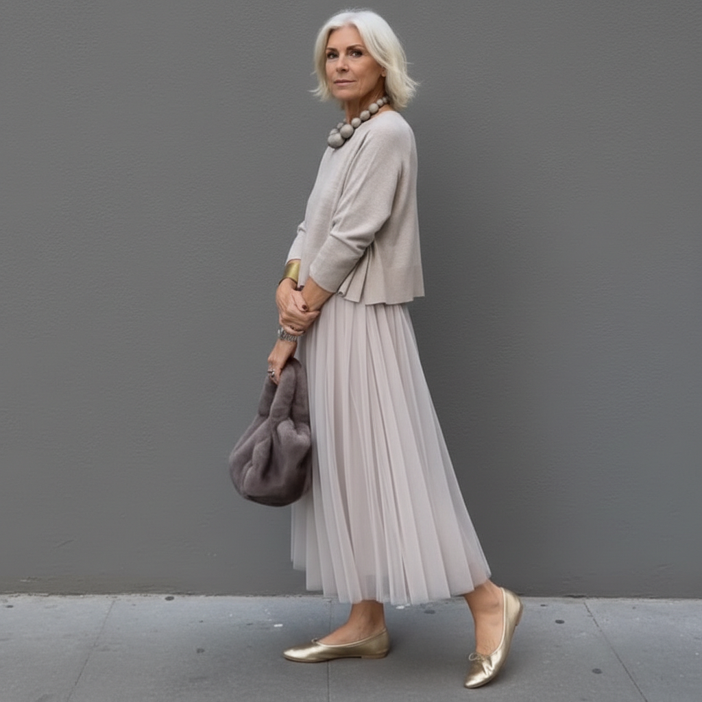 Light tan knit dress set with 3/4 sleeves and pleated tulle midi skirt