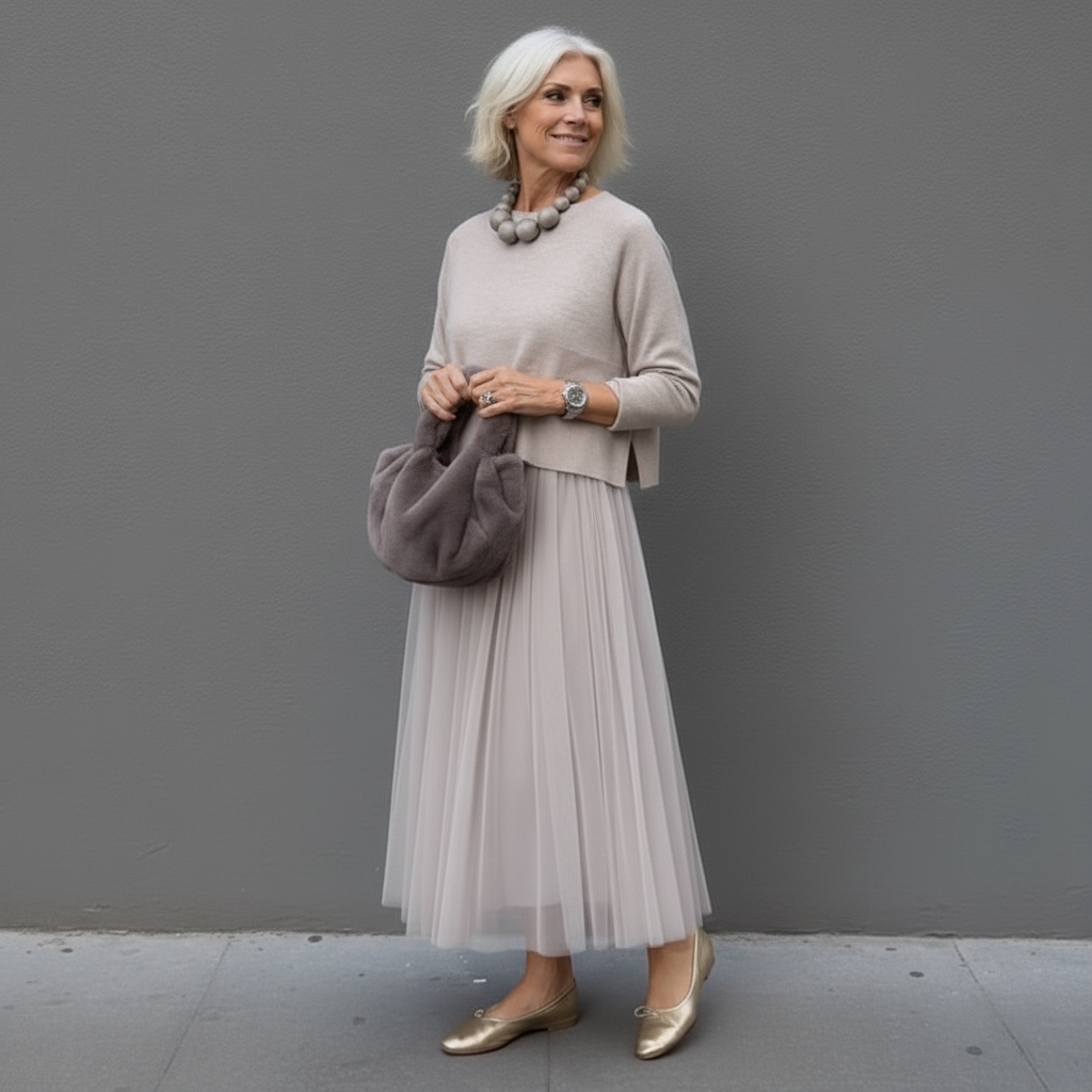 Light tan knit top layered with pale pleated tulle midi skirt