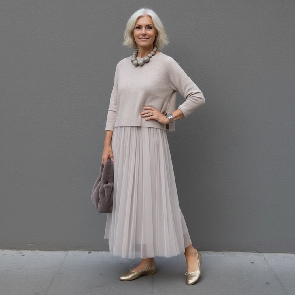 Grey knit layered dress set with boat neckline top and pleated midi tulle skirt