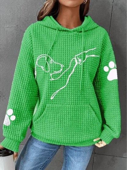 LAYLA™ Furry Friend Hoodie in green with hood, drawstrings, front graphic, paw-print sleeves