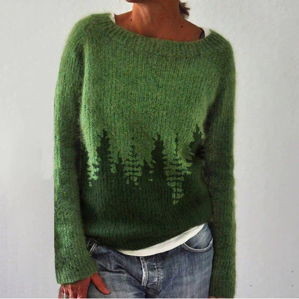 LAURIE™ knit sweater, green crewneck pullover with long sleeves and tree graphic