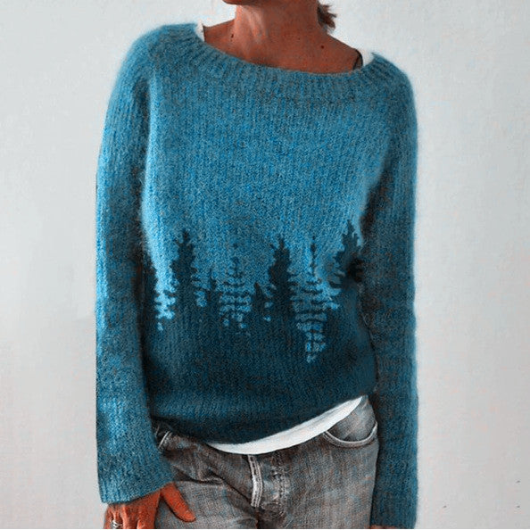LAURIE™ knit sweater, blue crewneck pullover with long sleeves and tree graphic