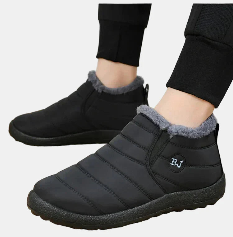 Black waterproof winter ankle boots with faux-fur collar and stitched side stripes