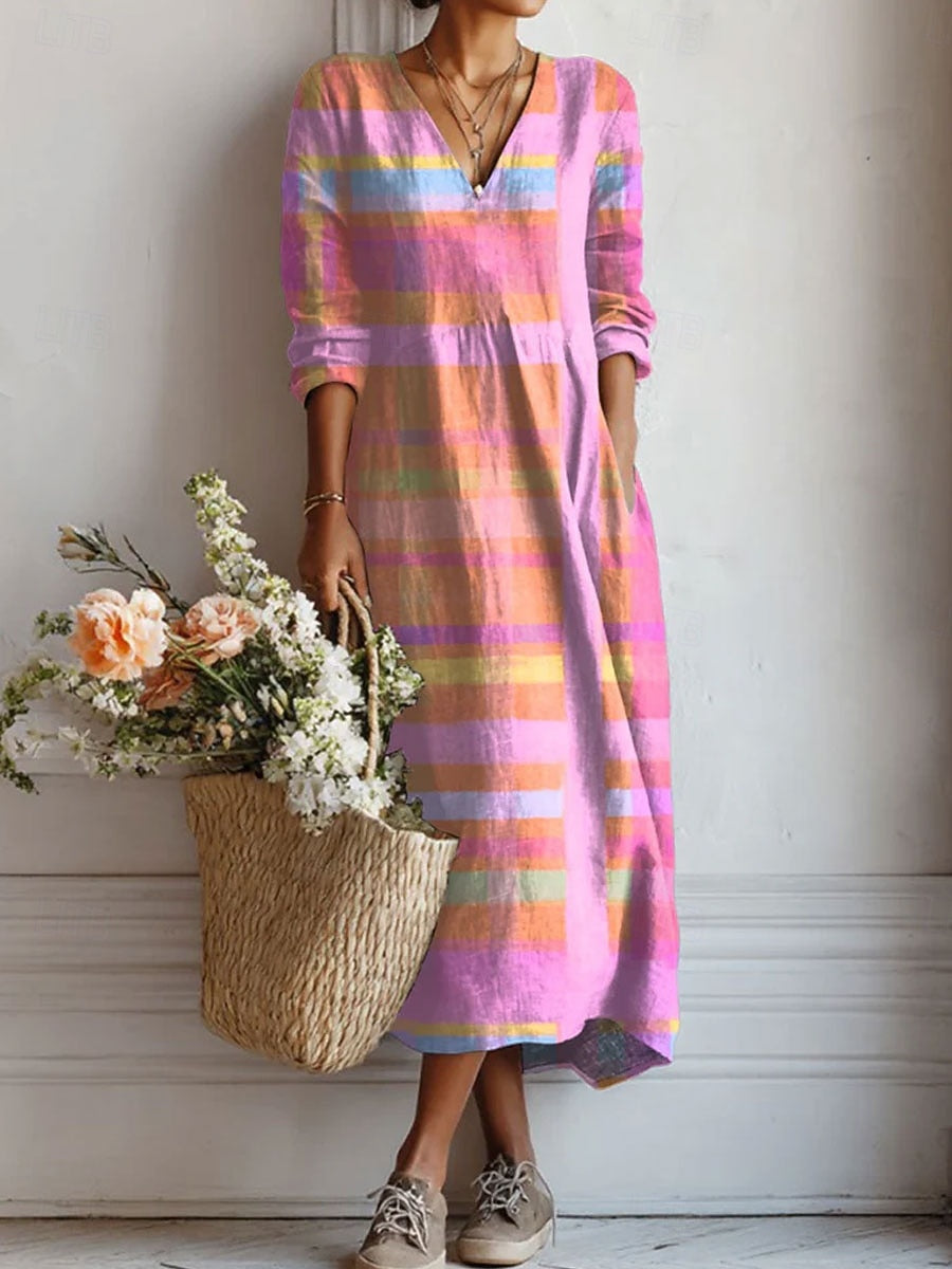 Everyday comfort dress with V-neck, long sleeves, and pastel rainbow stripe pattern
