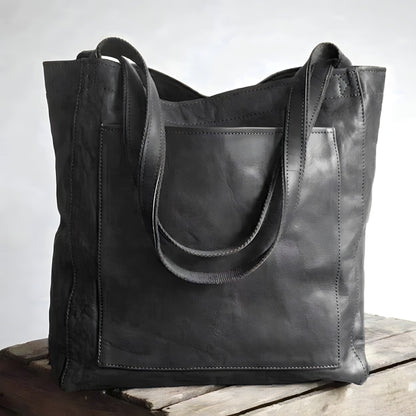 Aria™ leather tote bag, black finish, double handles, stitched square front