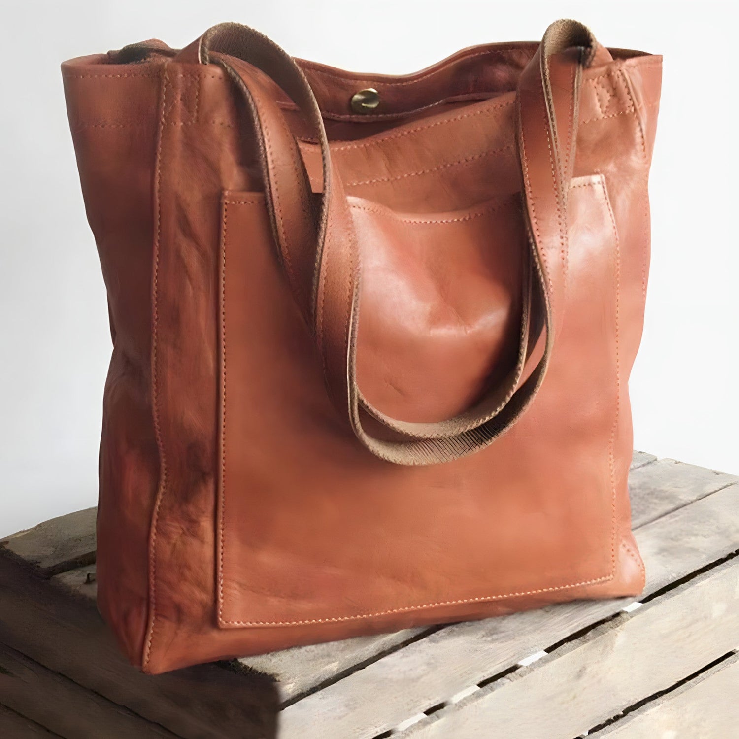 Aria™ leather tote bag, structured square front, double top handles, stitched edges