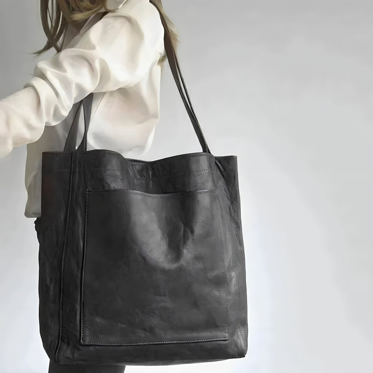 Aria™ leather tote bag, black, double handles, square front with seam stitching