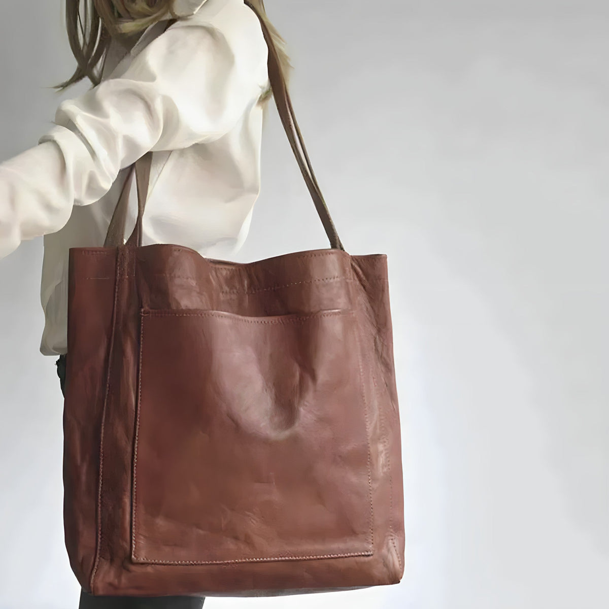 Aria™ leather tote bag, medium brown, double top handles, front seam details